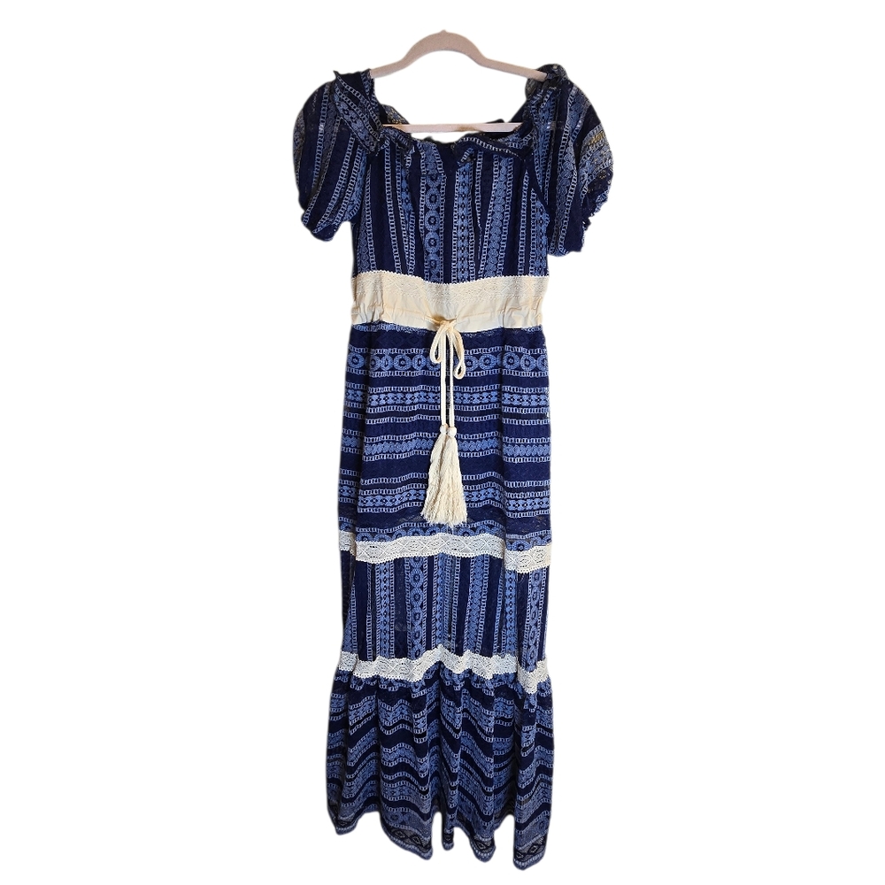 Malta Blue Lace Maxi Dress | Puff Sleeve Boho Cottagecore | Size M